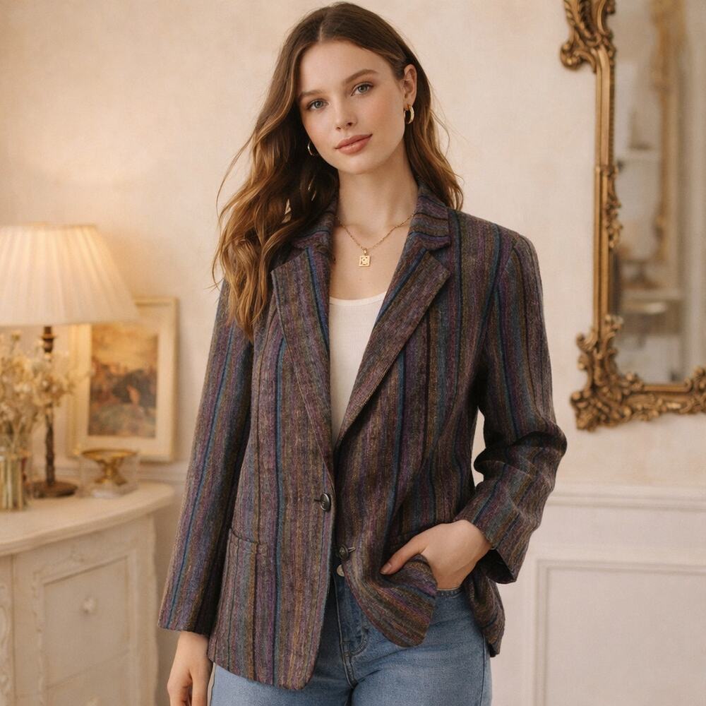 Vintage 1970s Vertical Striped Linen Blend Peabody House Balzer Suit Jacket M/L